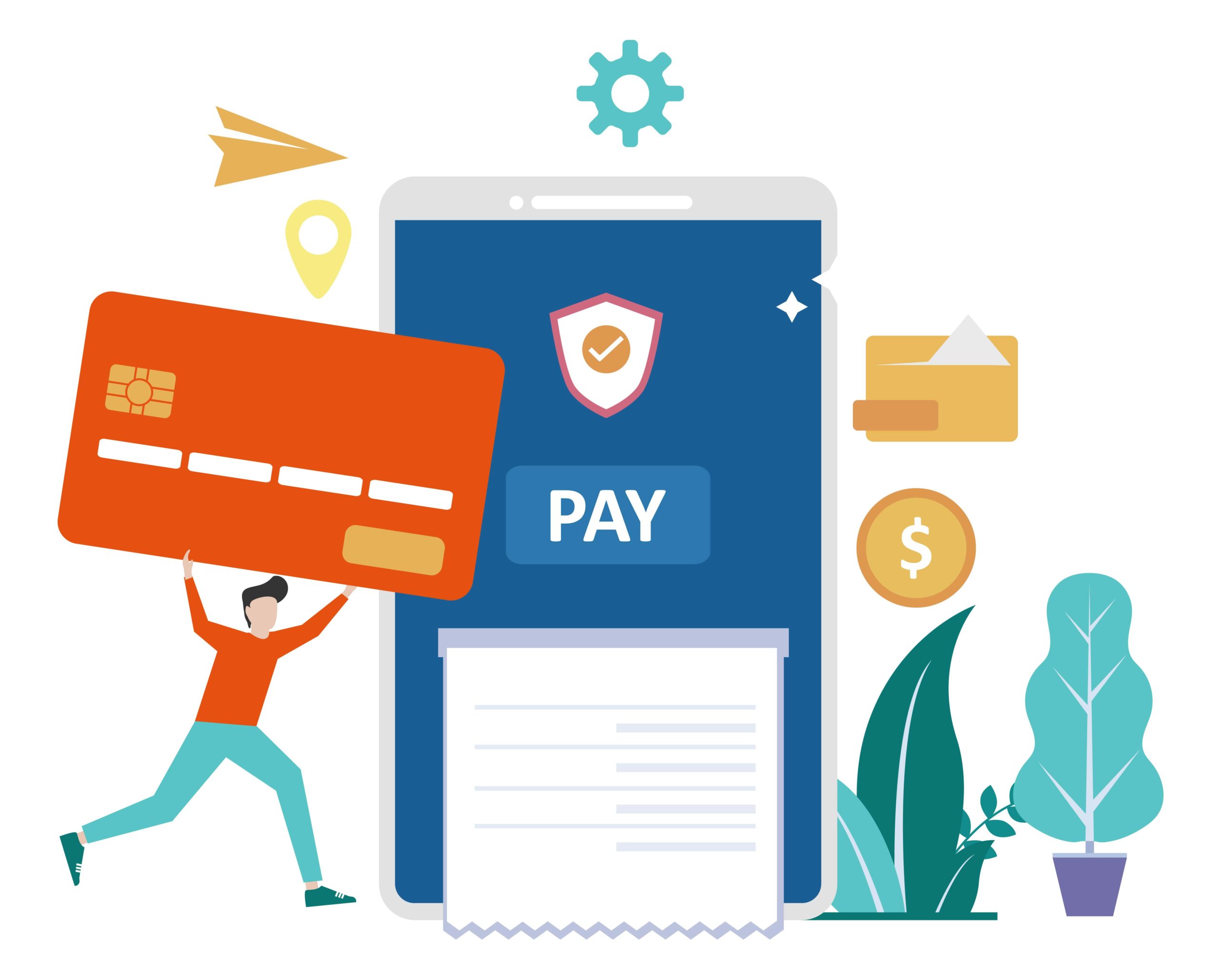 graphic with a person holding a large credit card above their head next to a mobile phone that is about to purchase something