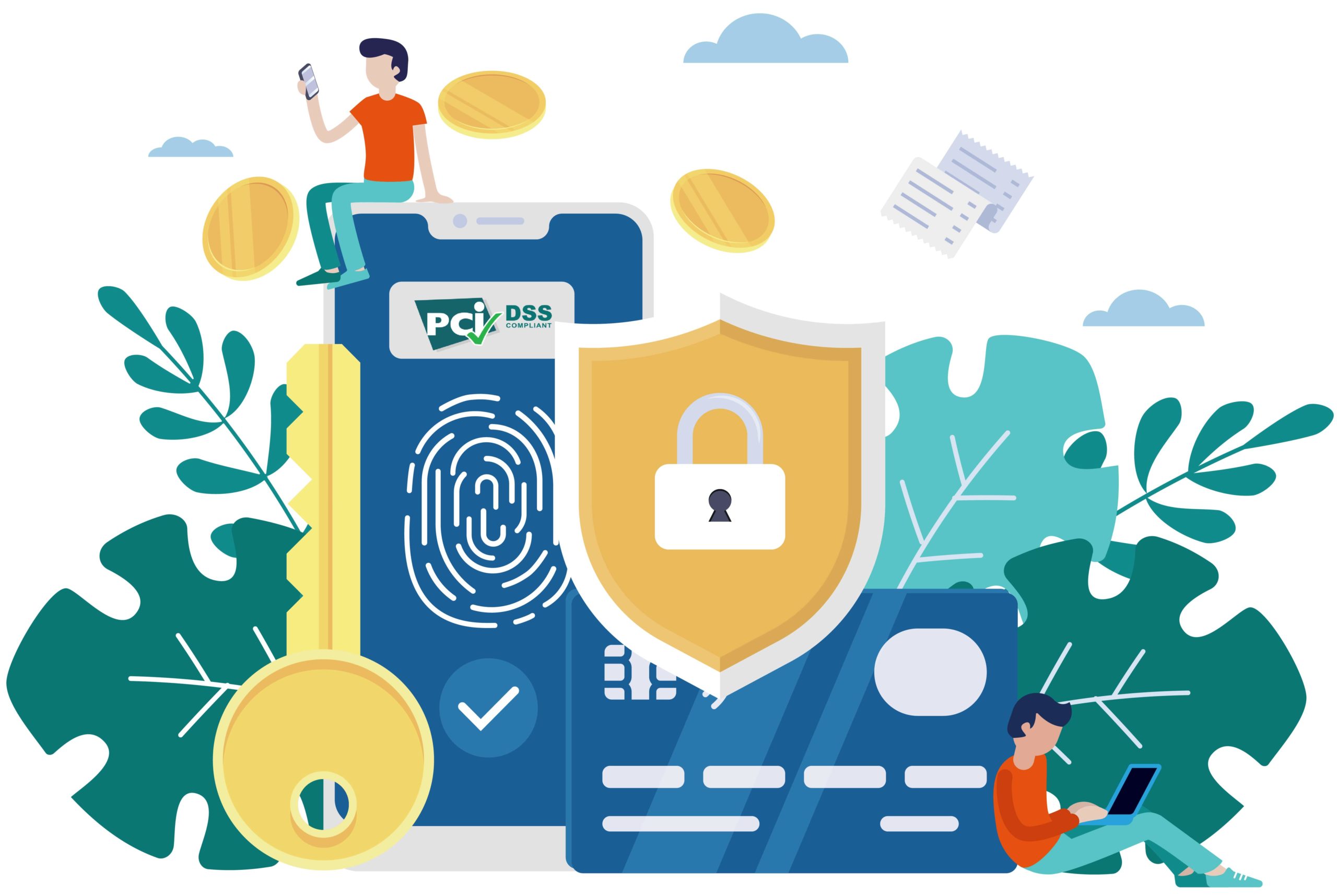 Graphic showing a credit card, smart phone, a shield with a lock, and 2 people checking their computers for PCI DSS compliance